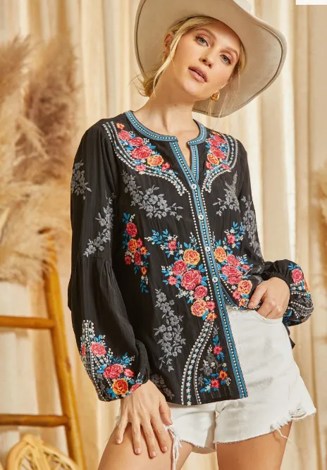 SJ Button-Down Embroidered Top in Black