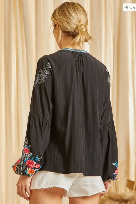 SJ Button-Down Embroidered Top in Black