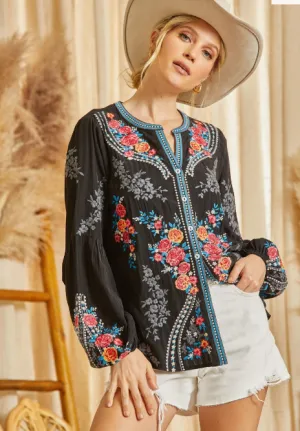 SJ Button-Down Embroidered Top in Black