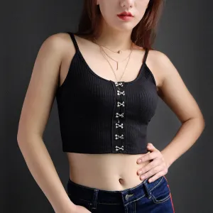 Spaghetti Straps V-neck Button Short Crop Tops