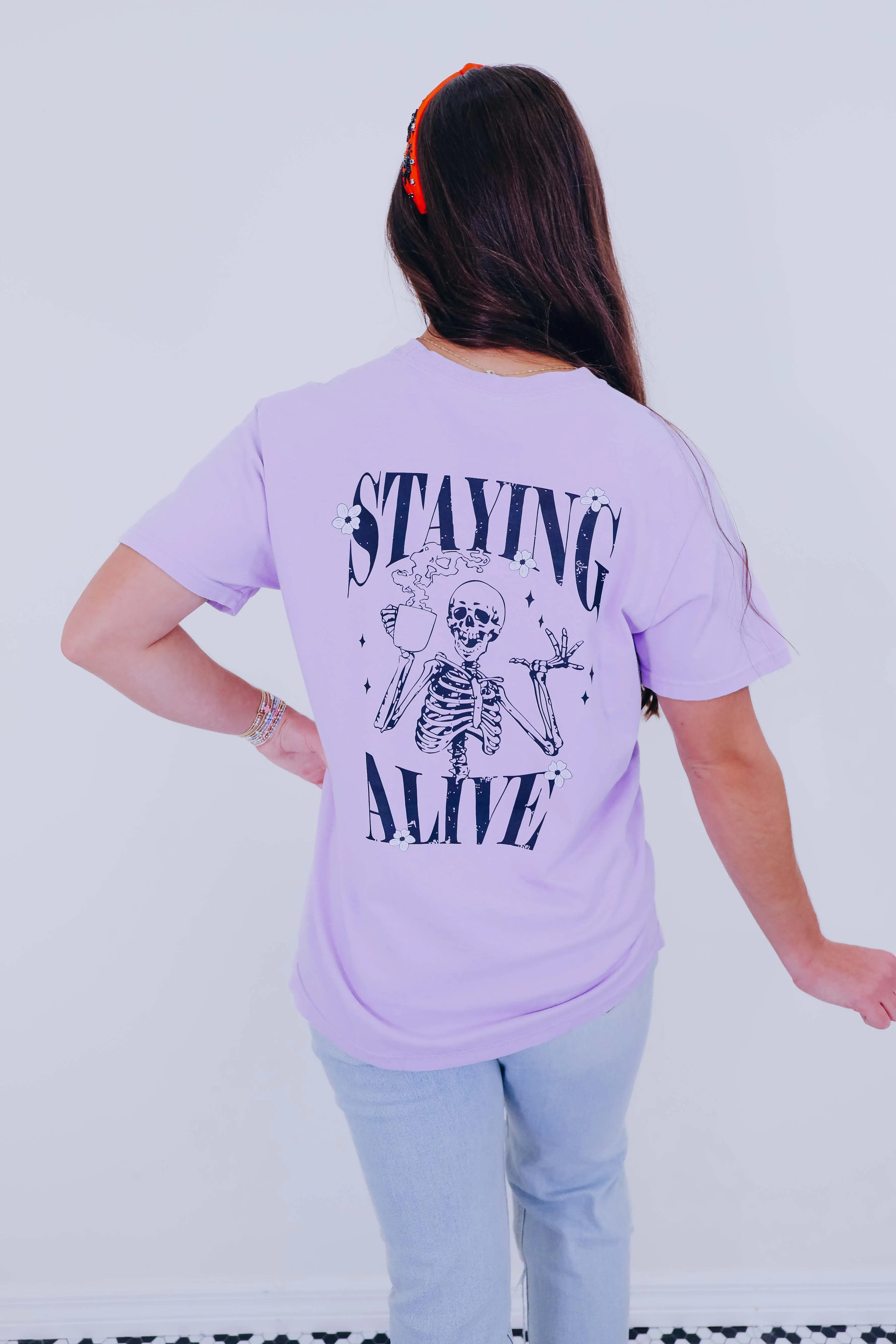Staying Alive Skeleton Graphic Tee S-2X - Light Lavender