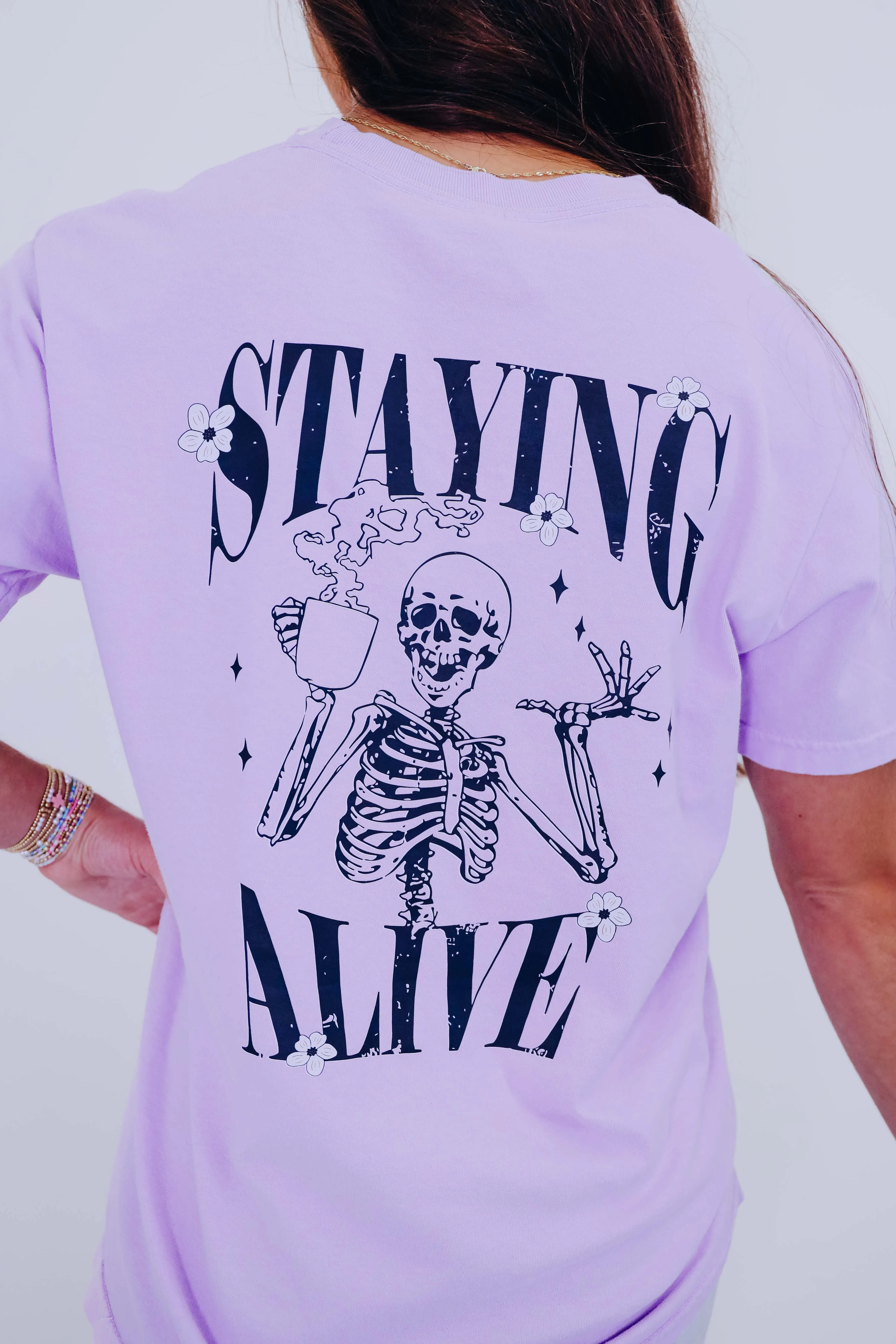 Staying Alive Skeleton Graphic Tee S-2X - Light Lavender