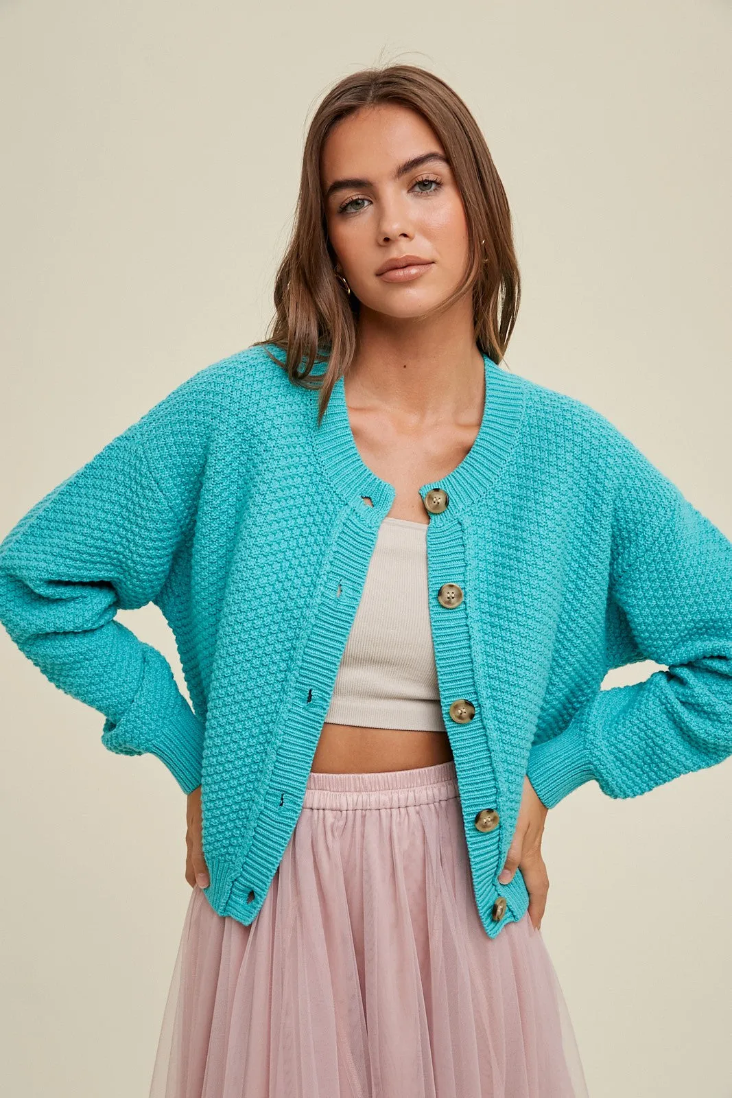 Teal Textured Button Cardigan