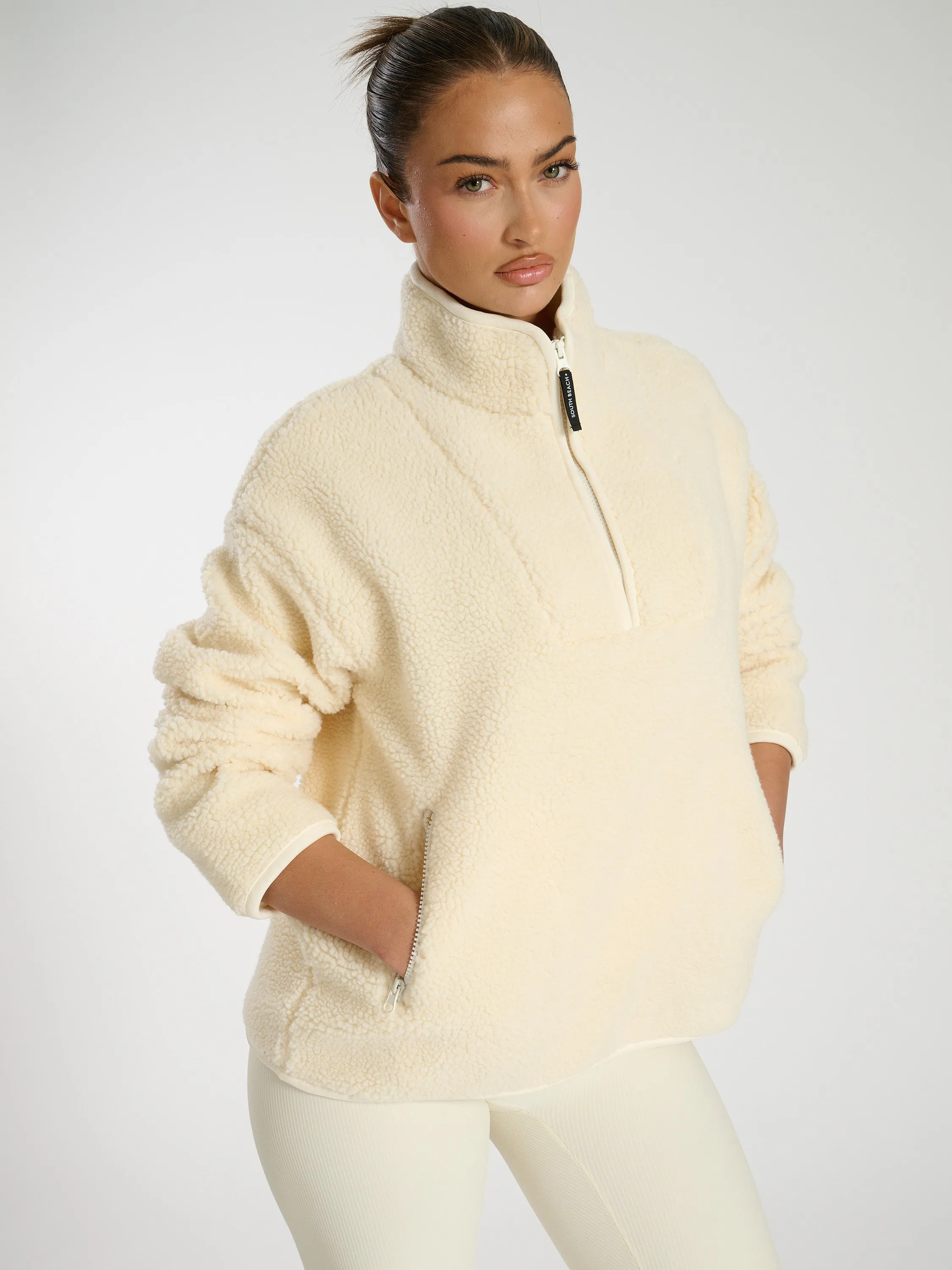 The 'Teddy' Quarter zip borg fleece jacket in cream