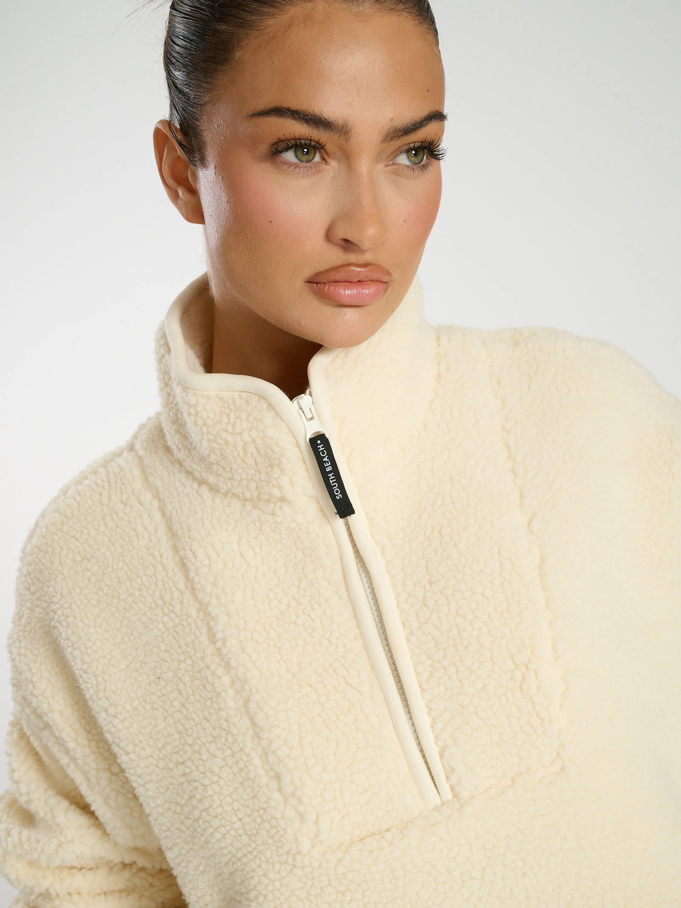 The 'Teddy' Quarter zip borg fleece jacket in cream