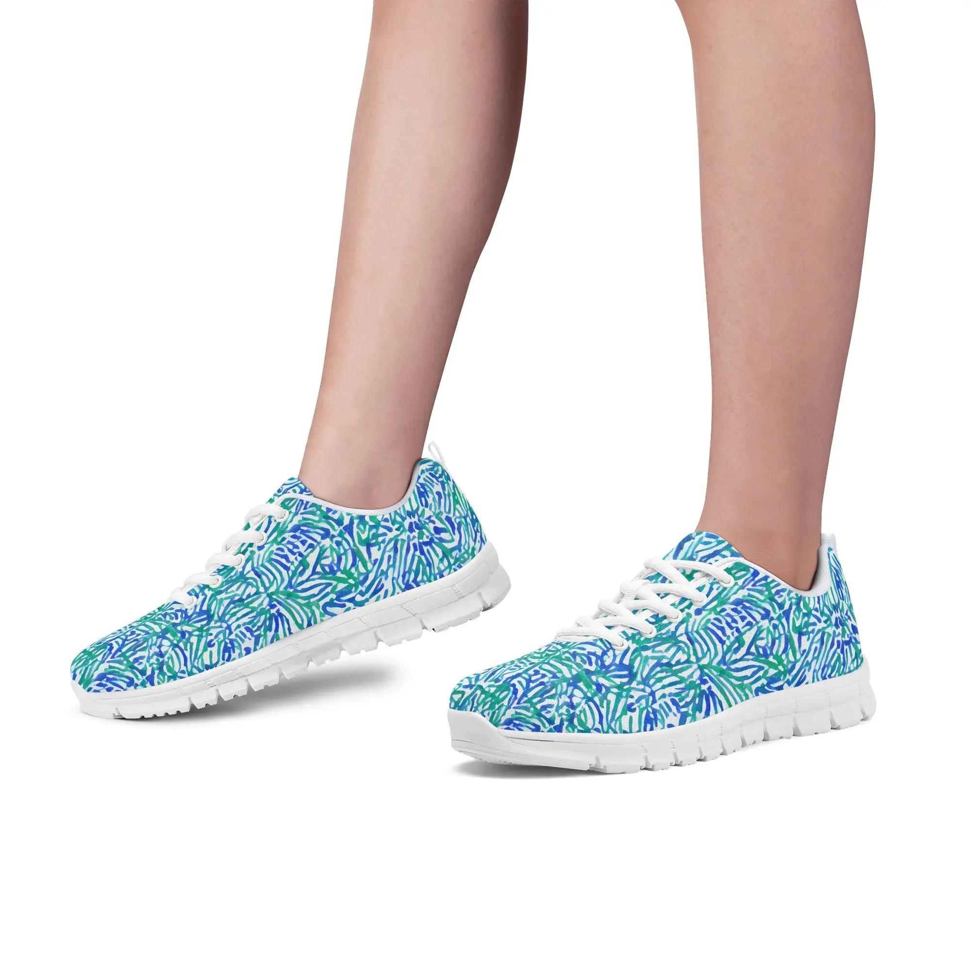 Tropical Fusion: Abstract Palm Leaves in Lime Green and Blue Hues Womens EVA Mesh Running Shoes US5-US12