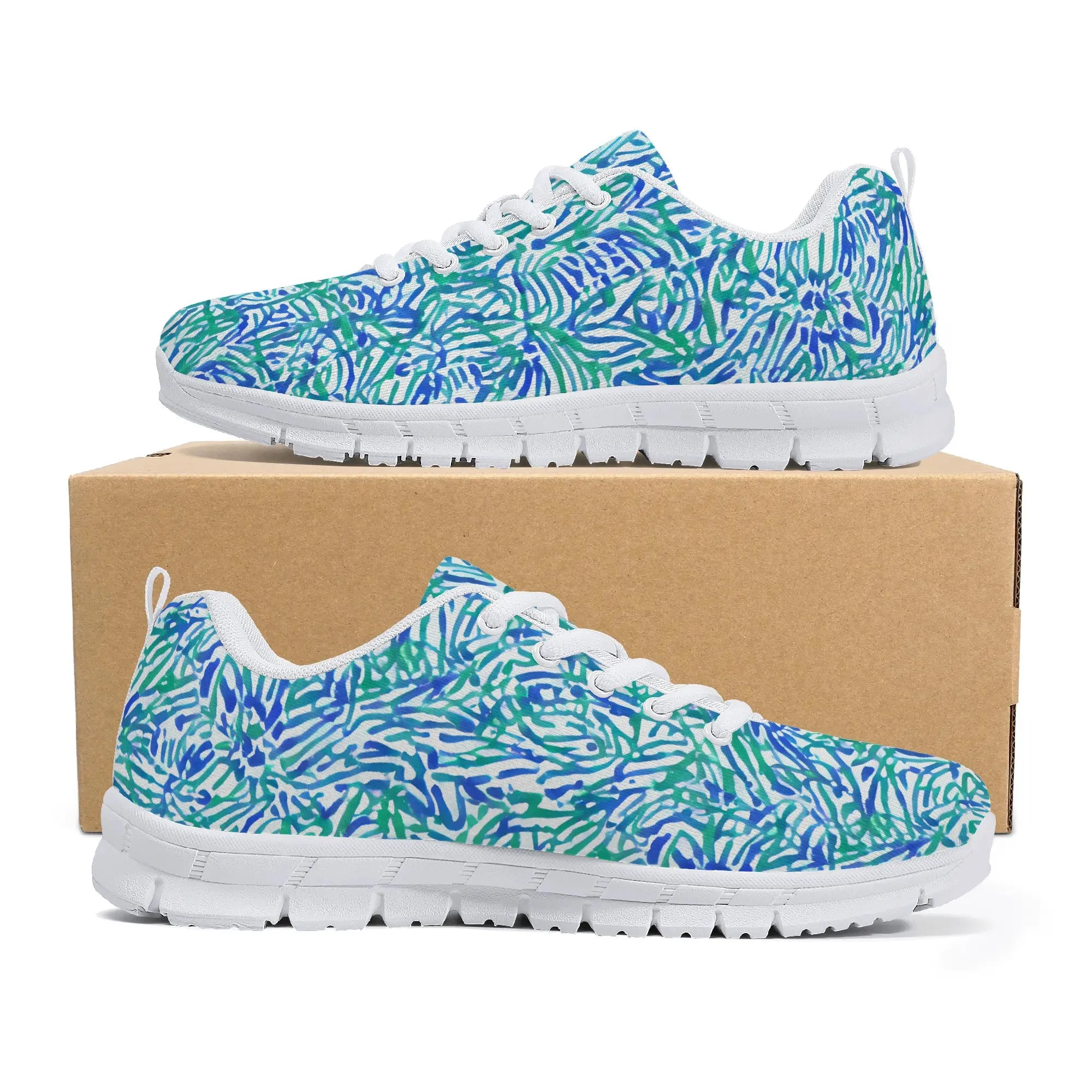 Tropical Fusion: Abstract Palm Leaves in Lime Green and Blue Hues Womens EVA Mesh Running Shoes US5-US12