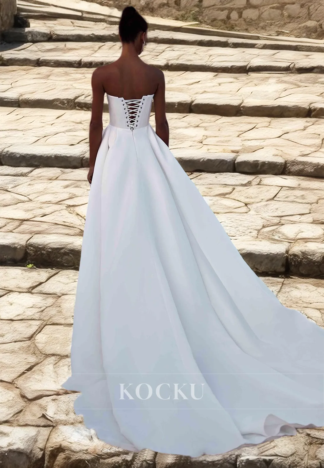 Tube Top Sleeveless A-Line Beach Wedding Dress Pleated Satin Boho Gowns with Sweep Train