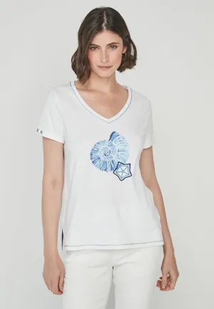 White T-Shirt With  Shell and Star Design