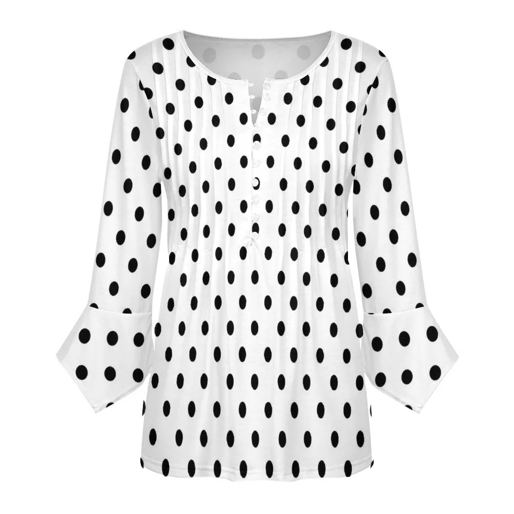 White With Black Polka Dots Women's Ruffled Petal Sleeve Top
