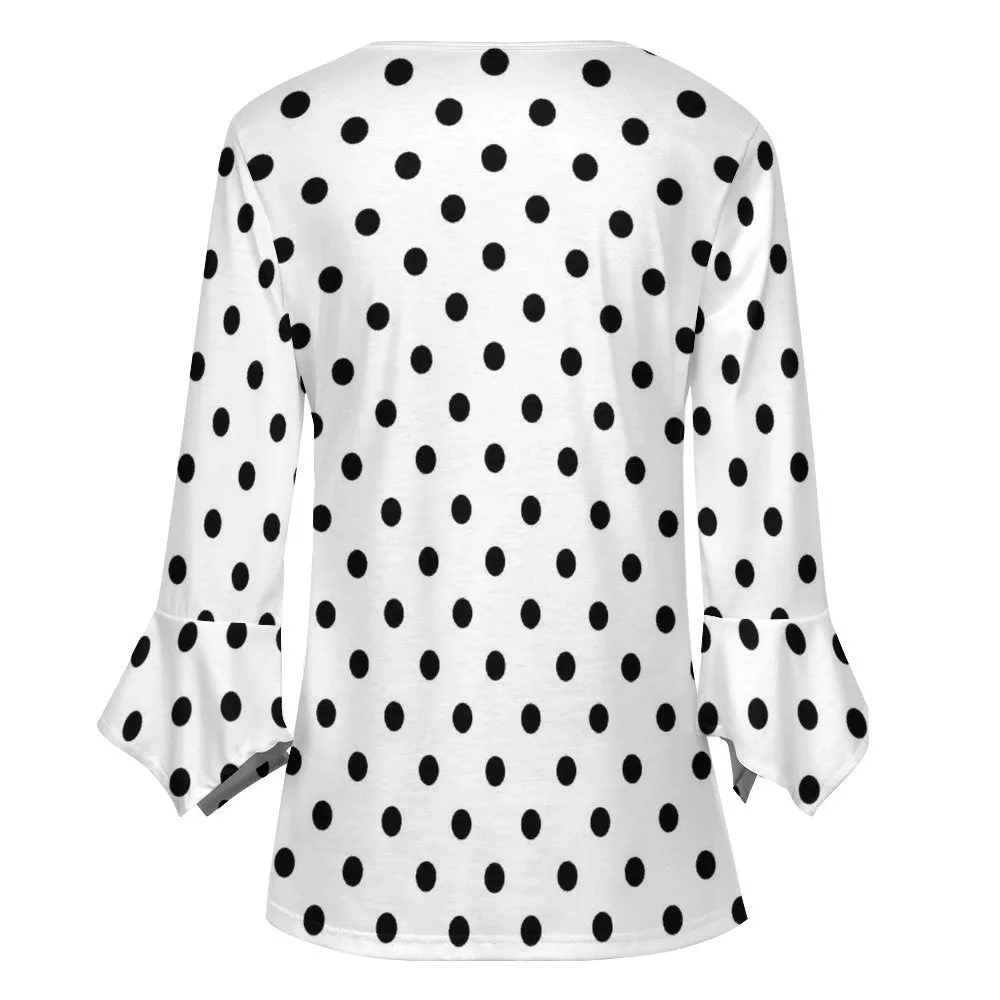 White With Black Polka Dots Women's Ruffled Petal Sleeve Top