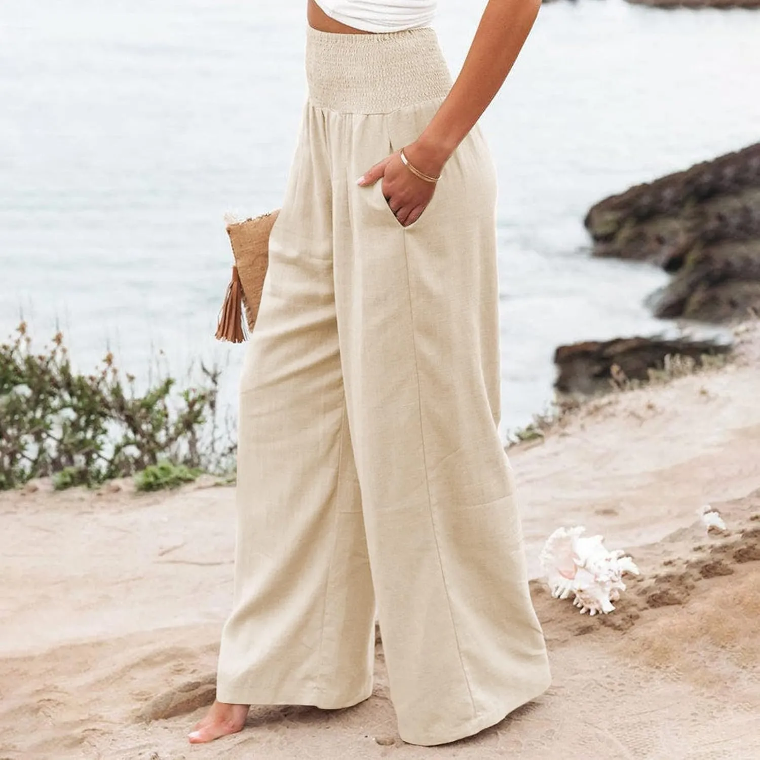 Wide Leg Pants for Women Linen Palazzo Pants Summer Boho High Waist Casual Lounge 2025 Beach Travel Vacation Pant