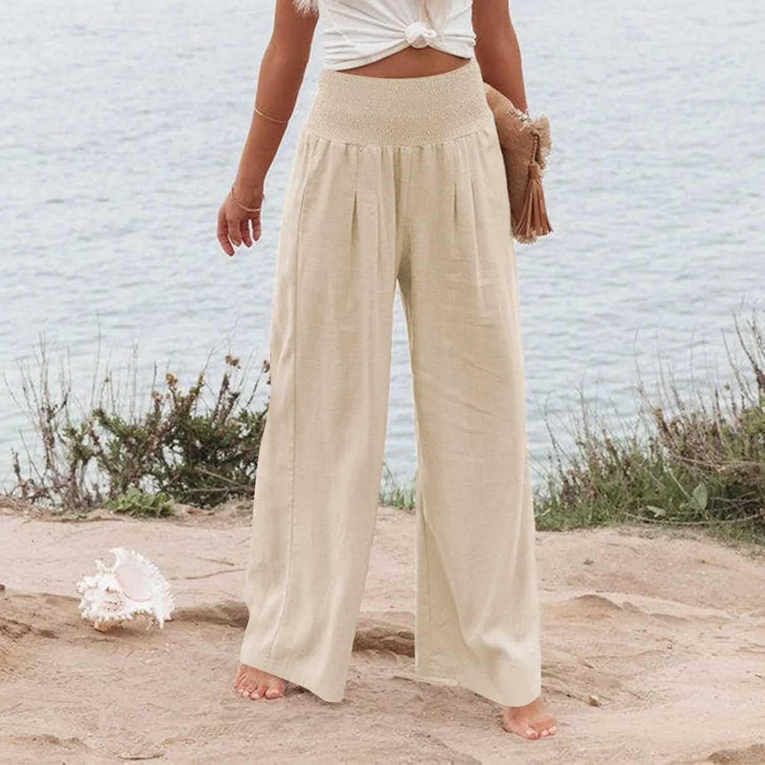 Wide Leg Pants for Women Linen Palazzo Pants Summer Boho High Waist Casual Lounge 2025 Beach Travel Vacation Pant