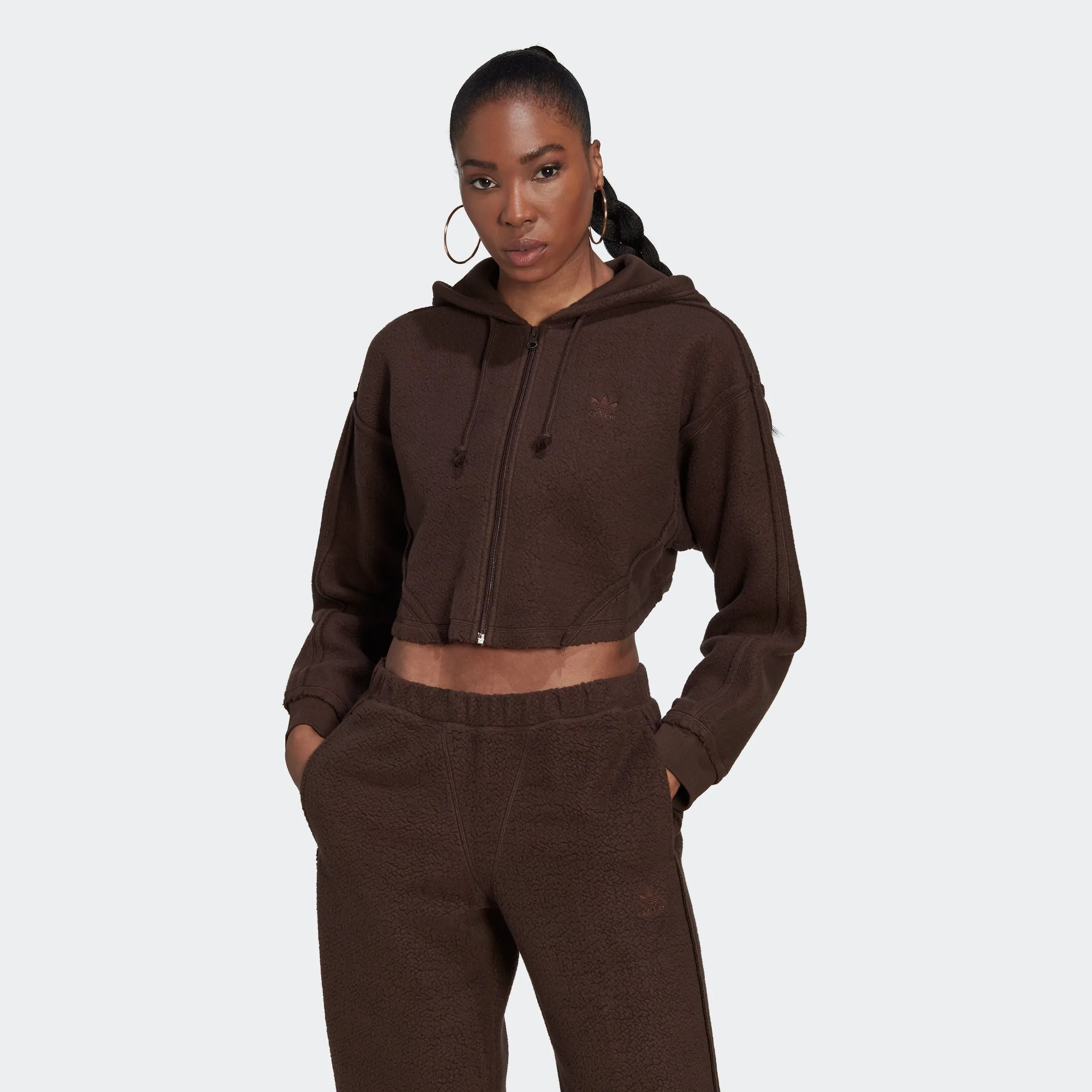 Women's adidas Originals Cropped Loungewear Hoodie Dark Brown