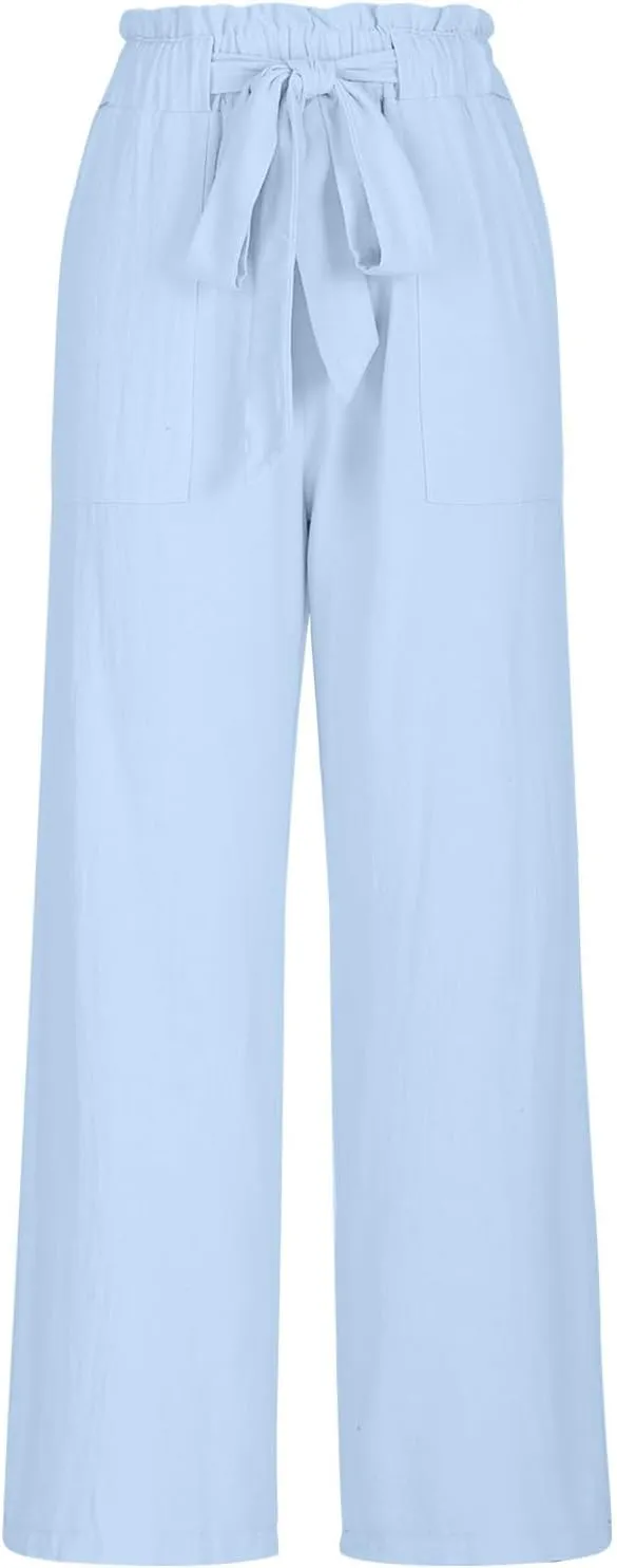 Women's Casual Pants High Waist Lace Up Straight Leg Long Pant Summer Trendy Solid Baggy Palazzo Trouser with Pockets