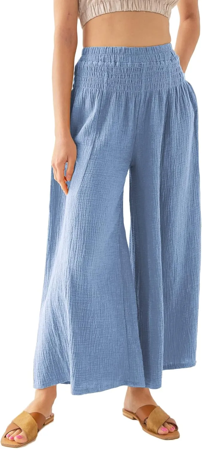 Women's Cotton Gauze Wide Leg Flowy Palazzo Lounge Pants
