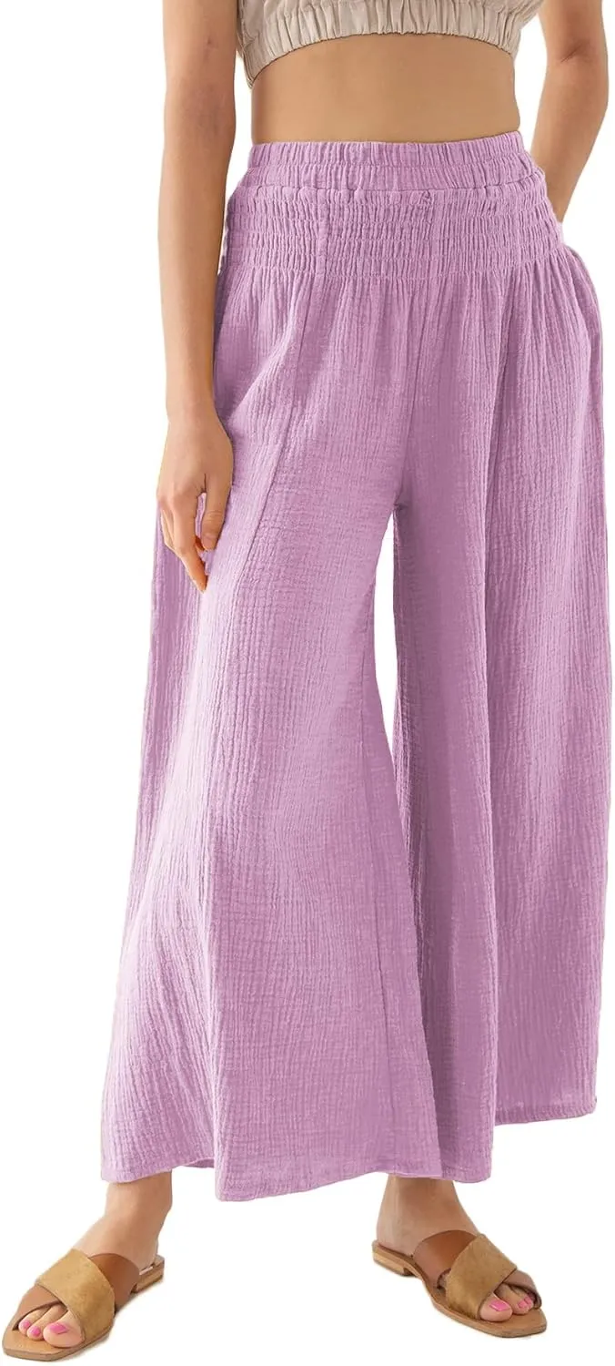 Women's Cotton Gauze Wide Leg Flowy Palazzo Lounge Pants