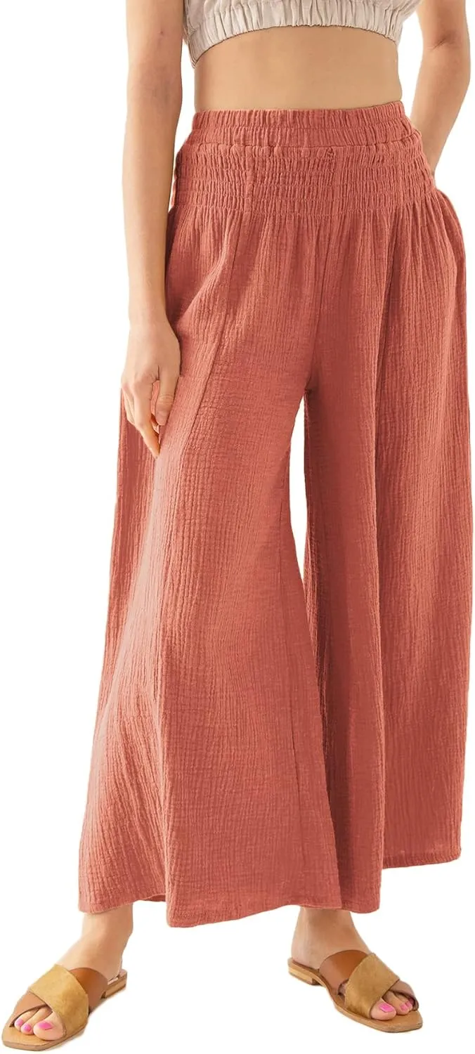 Women's Cotton Gauze Wide Leg Flowy Palazzo Lounge Pants
