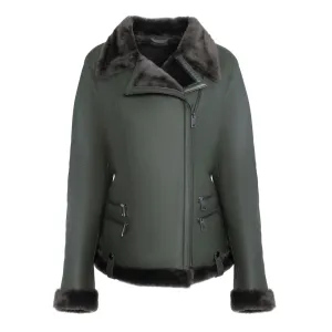 Women's Spanish Merino Faux Shearling Green Leather Jacket