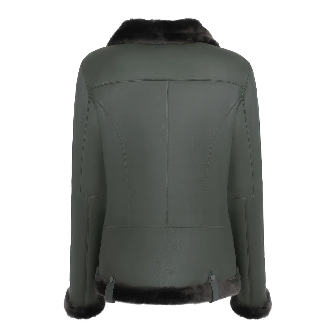 Women's Spanish Merino Faux Shearling Green Leather Jacket