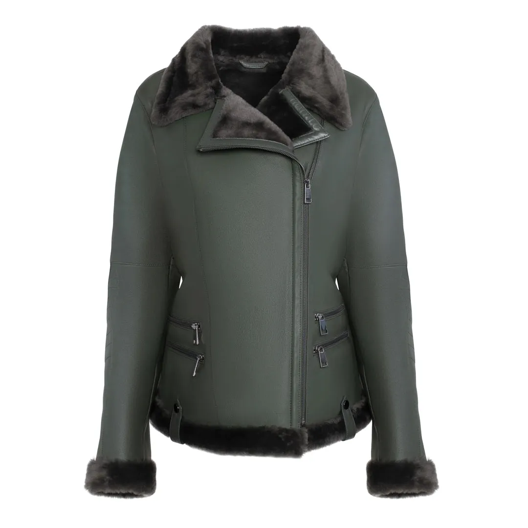 Women's Spanish Merino Faux Shearling Green Leather Jacket